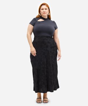saia midi feminina acetinada floral mindset plus size preta
