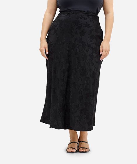 saia midi feminina acetinada floral mindset plus size preta