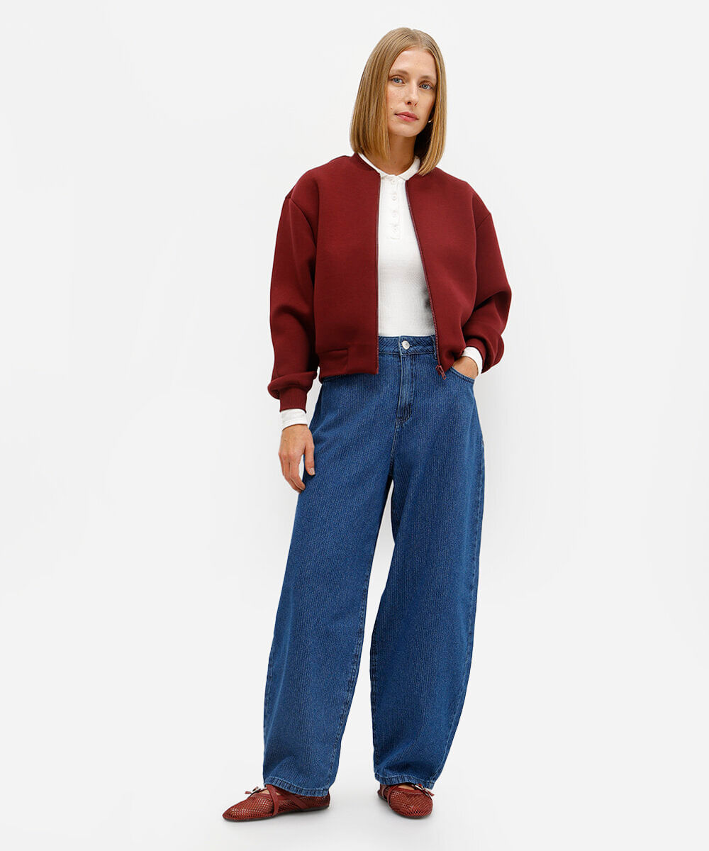 calça balloon feminina jeans listrada azul