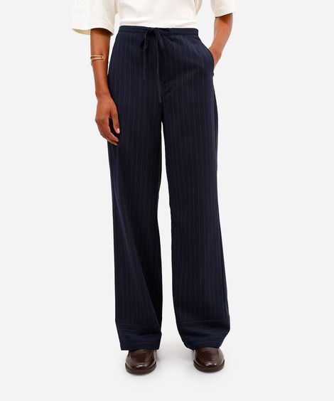 calça de alfaiataria feminina risca de giz azul