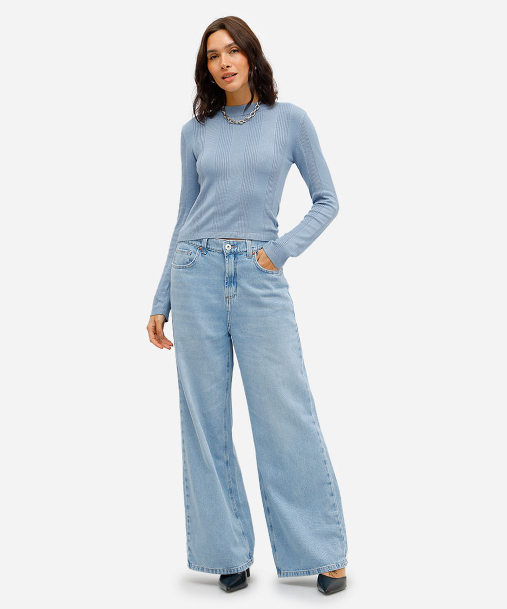 suéter básico de tricot canelado - azul jeans