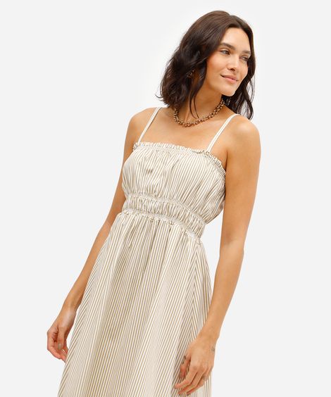 vestido midi feminino de sarja listrado franzido bege