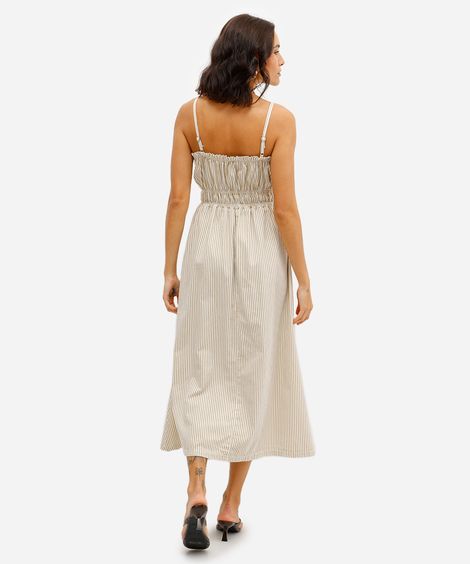 vestido midi feminino de sarja listrado franzido bege