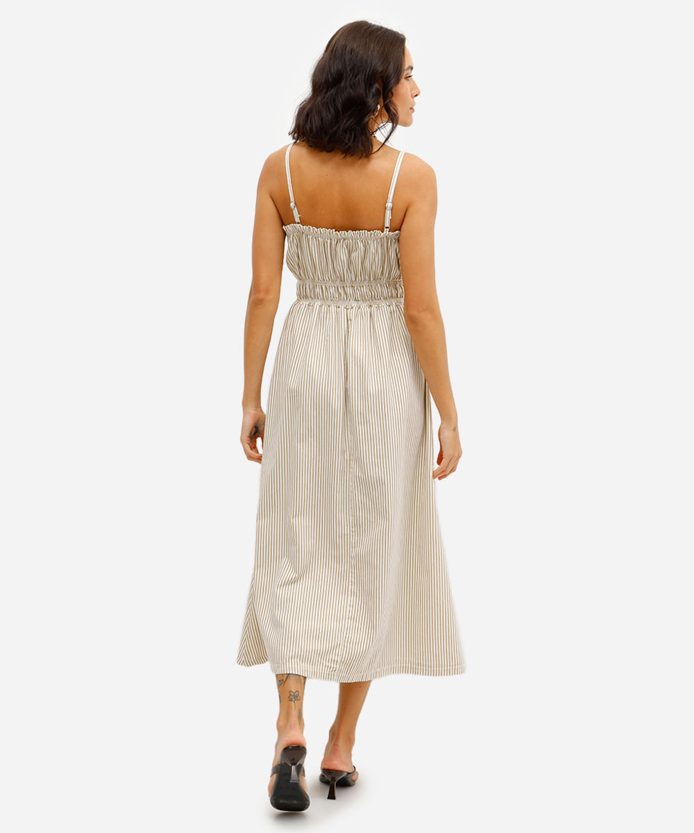 vestido midi feminino de sarja listrado franzido bege