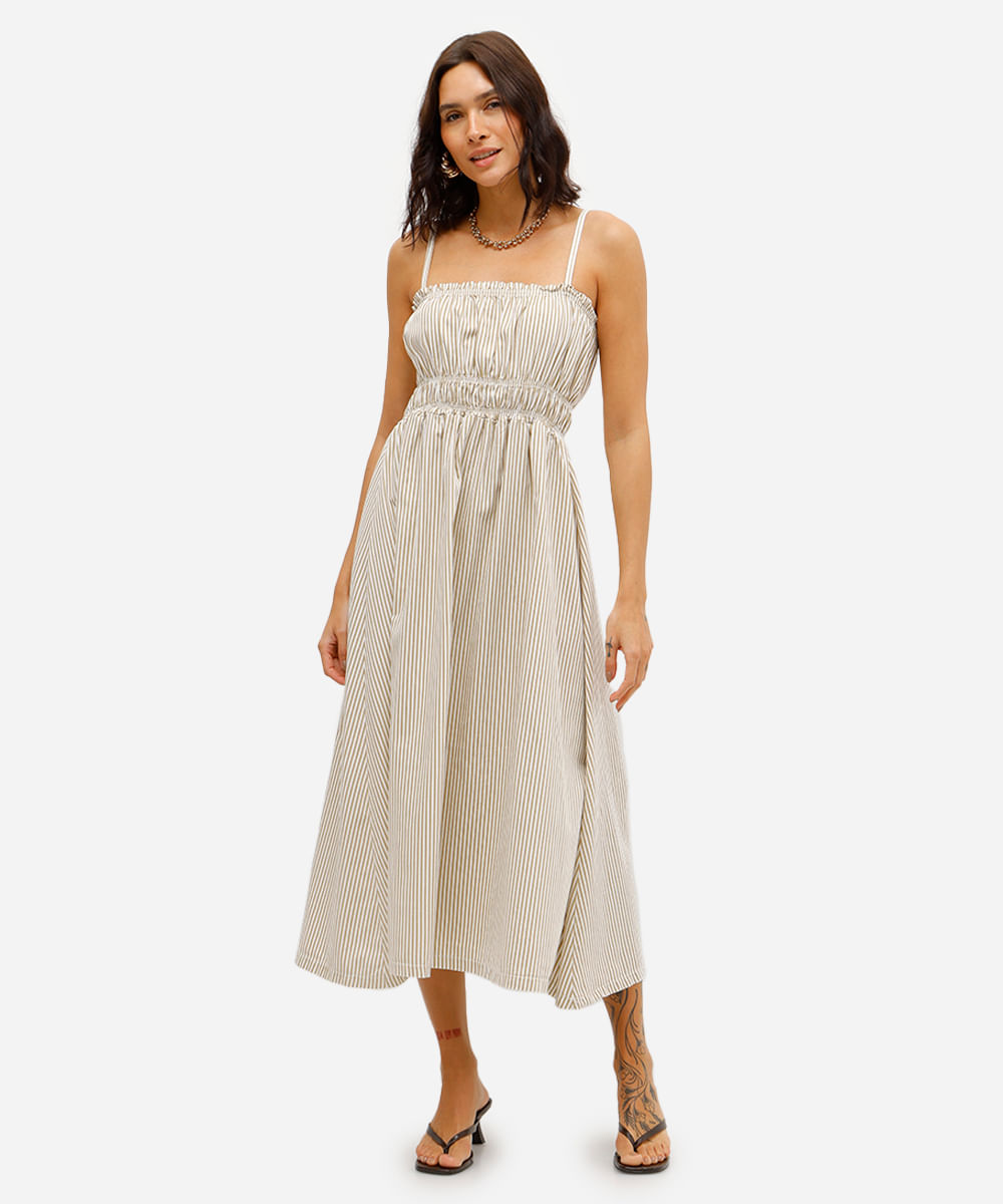 vestido midi feminino de sarja listrado franzido bege