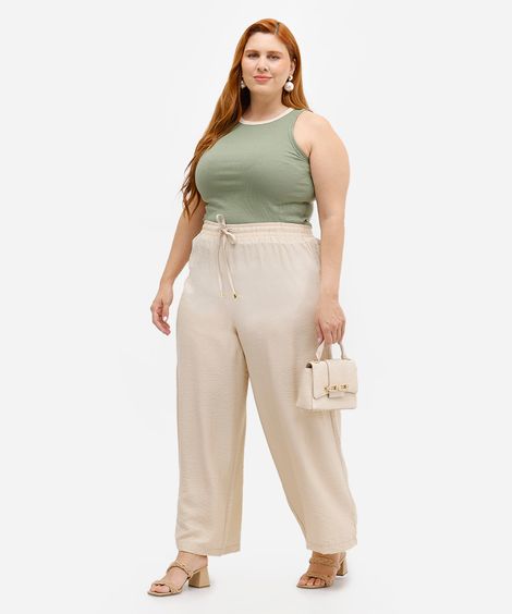 calça wide leg feminina de viscose texturizada plus size bege