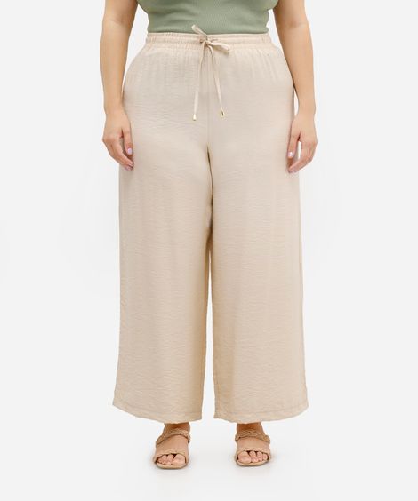 calça wide leg feminina de viscose texturizada plus size bege