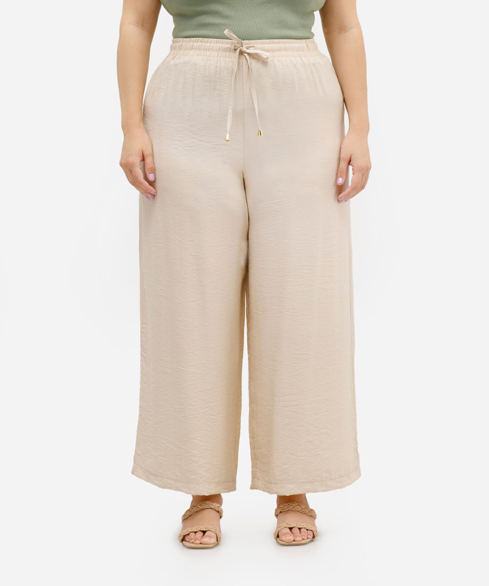 calça wide leg feminina de viscose texturizada plus size bege