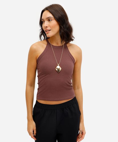 regata básica feminina de algodão halterneck com bojo marrom