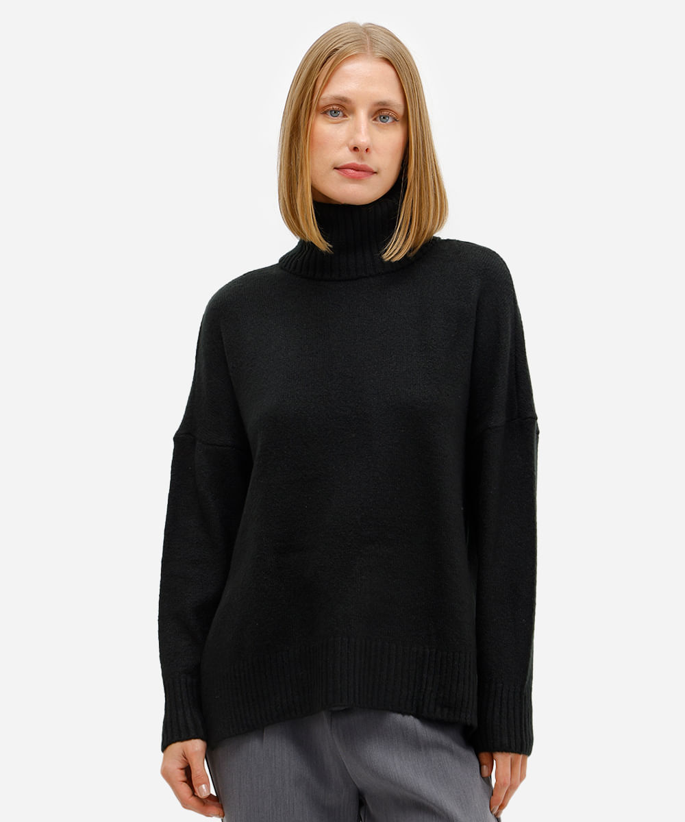 suéter feminino de tricot oversized gola alta preto
