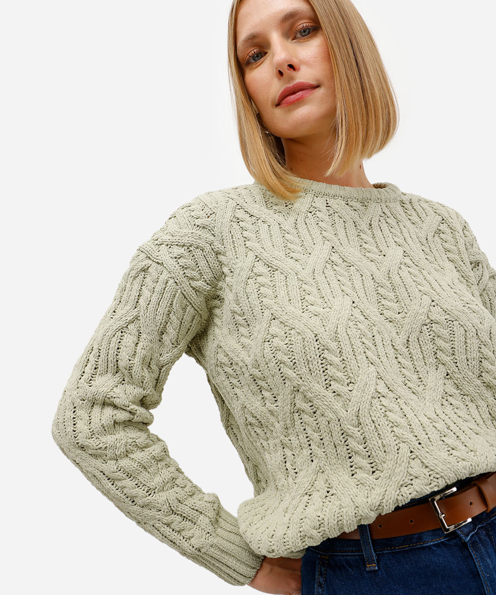 suéter feminino de tricot chenille texturizado verde