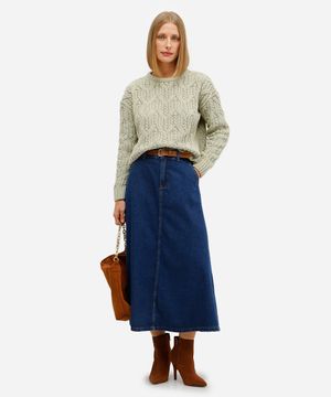 saia midi feminina jeans com cinto azul