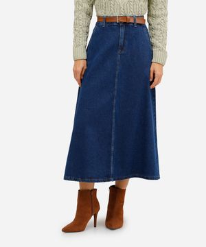 saia midi feminina jeans com cinto azul