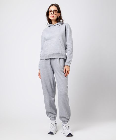calça jogger feminina de moletom felpado com bordado mindset cinza