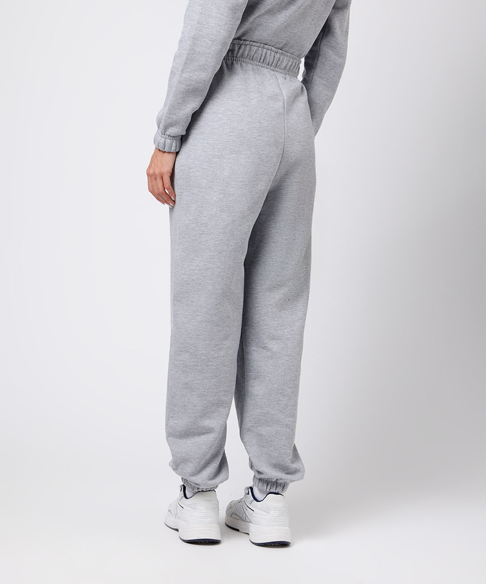 calça jogger feminina de moletom felpado com bordado mindset cinza