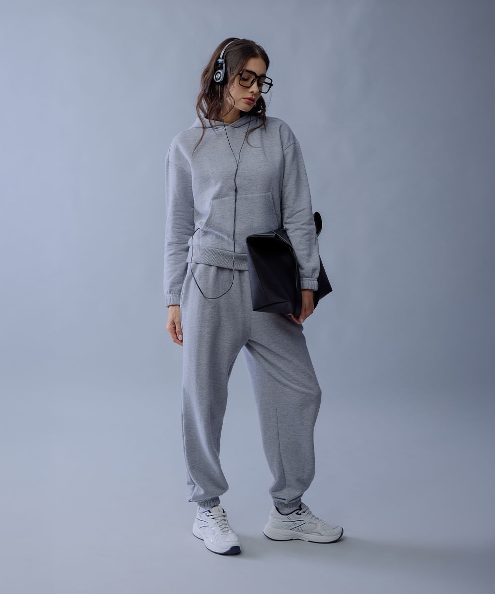 blusão feminino de moletom felpado com capuz bordado mindset cinza