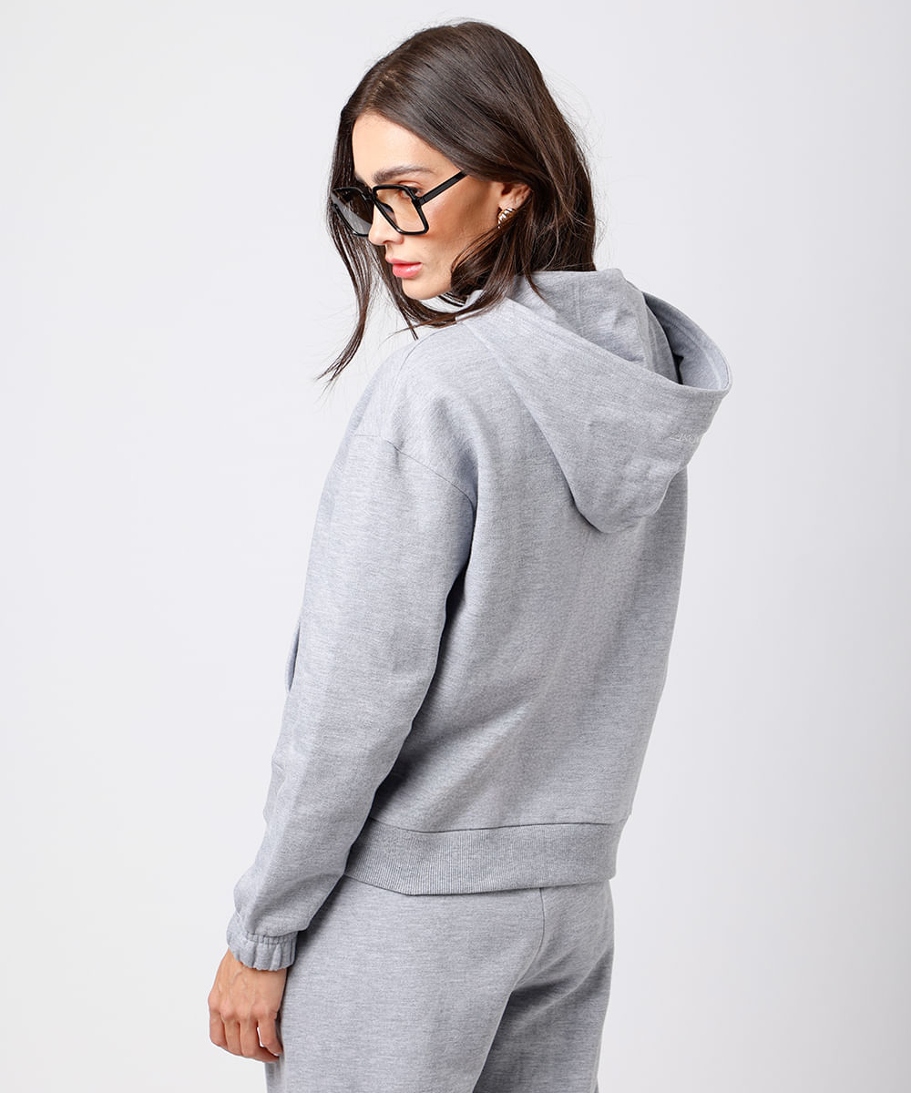 blusão feminino de moletom felpado com capuz bordado mindset cinza