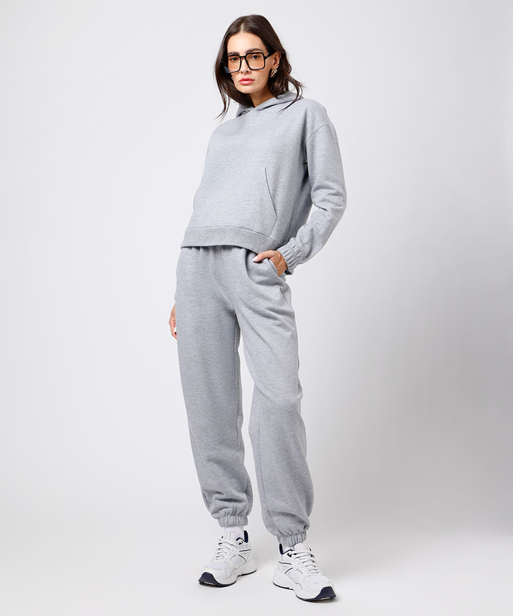 blusão feminino de moletom felpado com capuz bordado mindset cinza