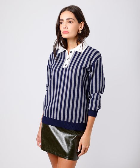 suéter feminino de tricot listrado mindset azul