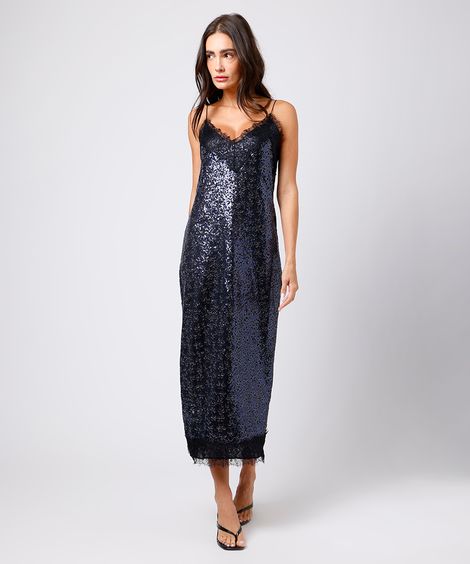 vestido midi feminino de paetê com renda floral mindset azul