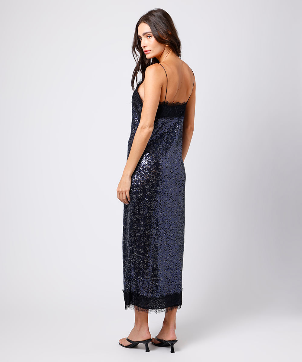 vestido midi feminino de paetê com renda floral mindset azul