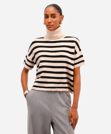 blusa feminina tricot listrada gola alta preta
