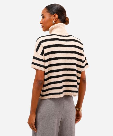 blusa feminina tricot listrada gola alta preta