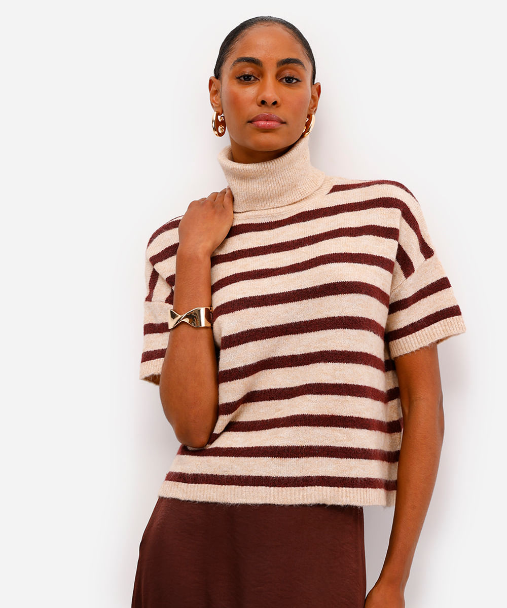 blusa feminina tricot listrada gola alta vinho