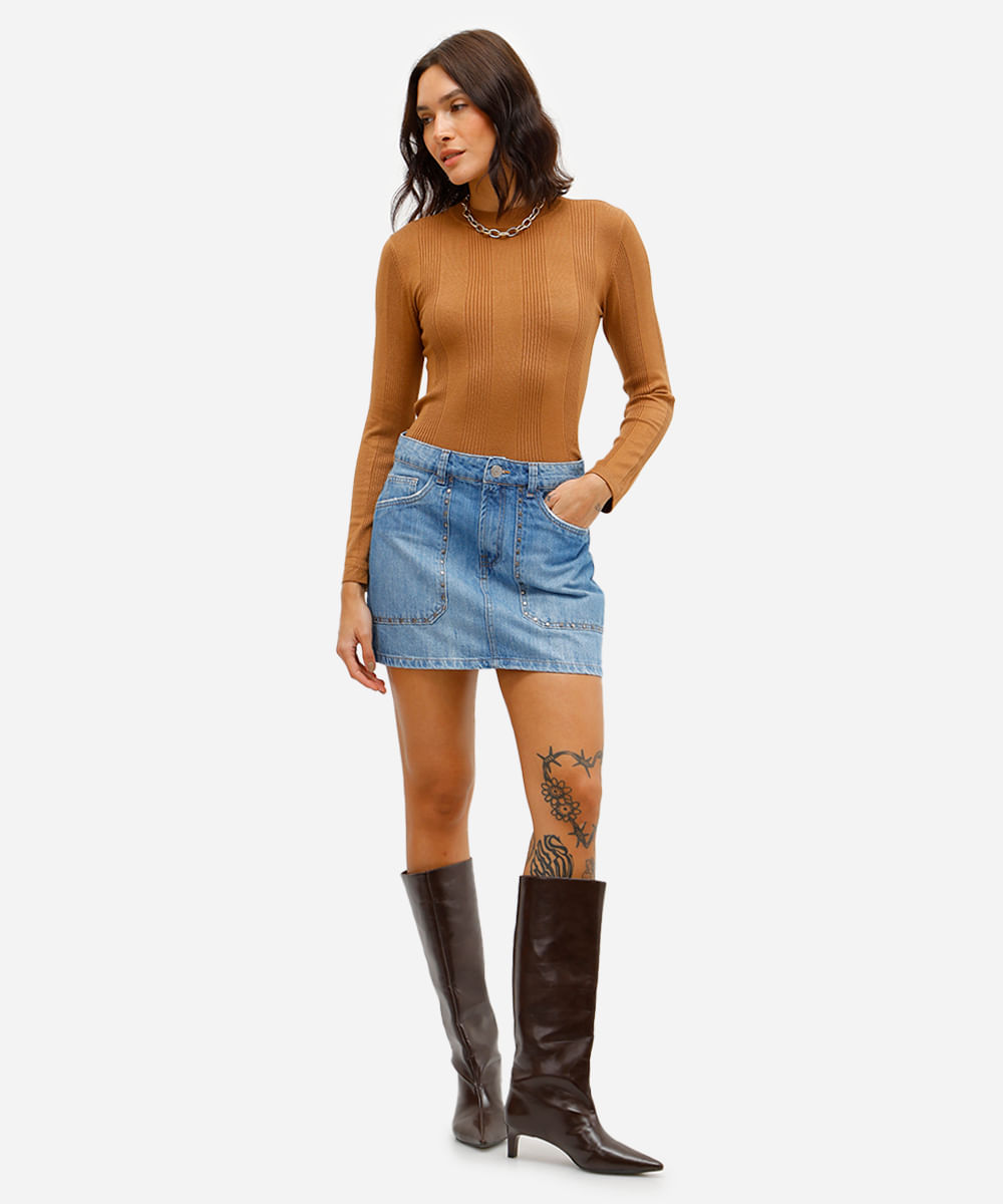 suéter básico de tricot canelado - camelo