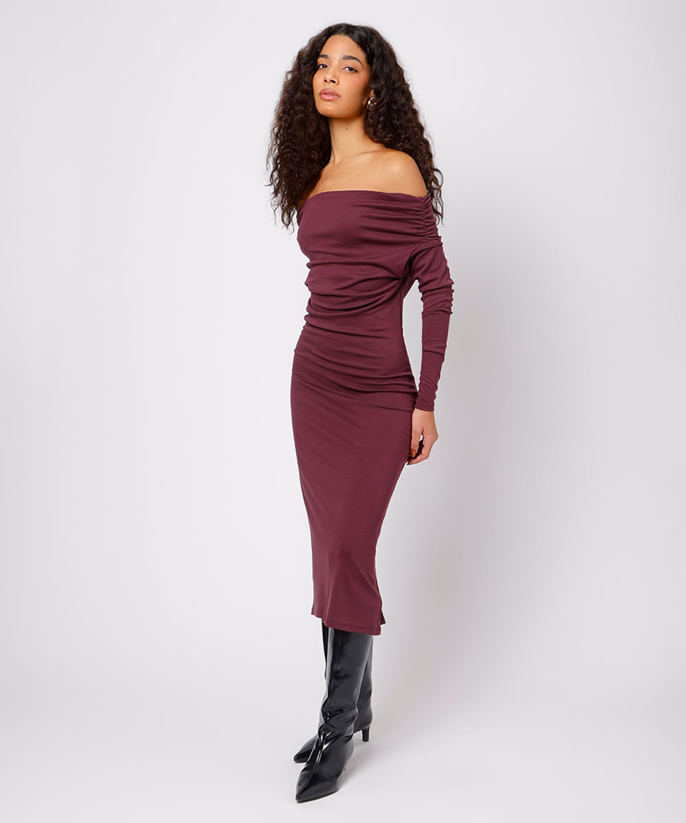 vestido ombro a ombro feminino franzido mindset vinho