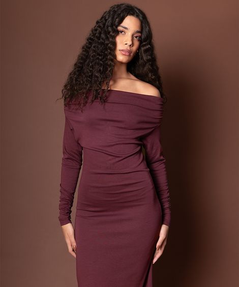 vestido ombro a ombro feminino franzido mindset vinho