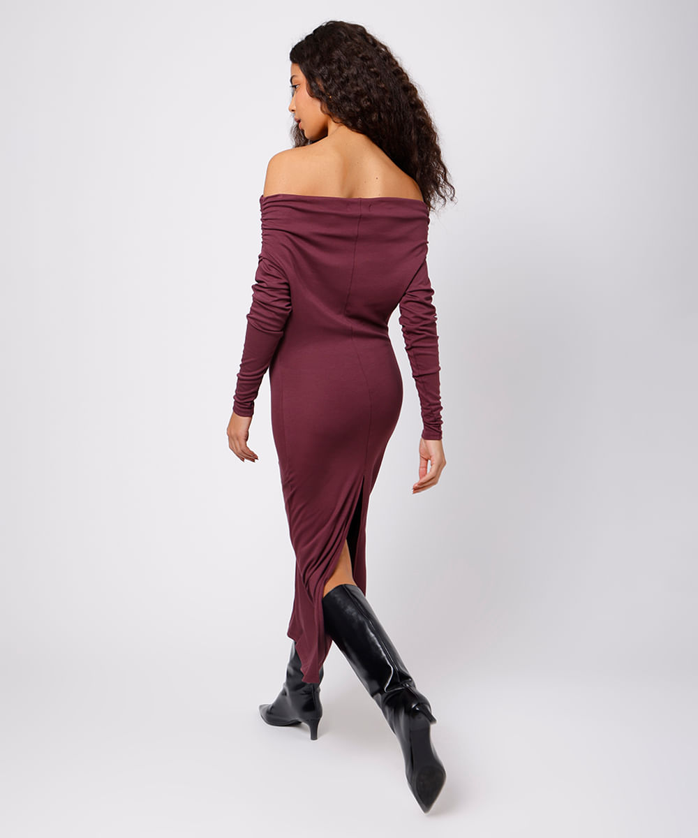 vestido ombro a ombro feminino franzido mindset vinho