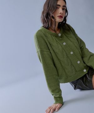 cardigan feminino de tricot texturizado mindset verde