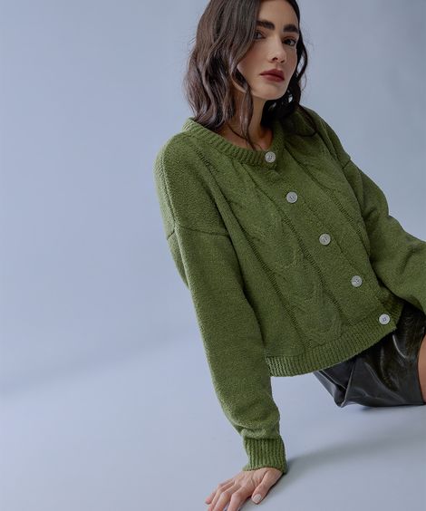cardigan feminino de tricot texturizado mindset verde