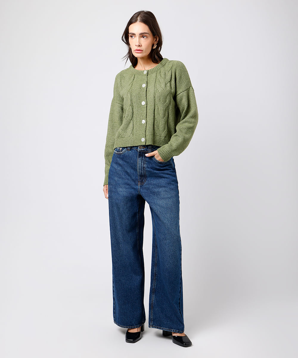 cardigan feminino de tricot texturizado mindset verde