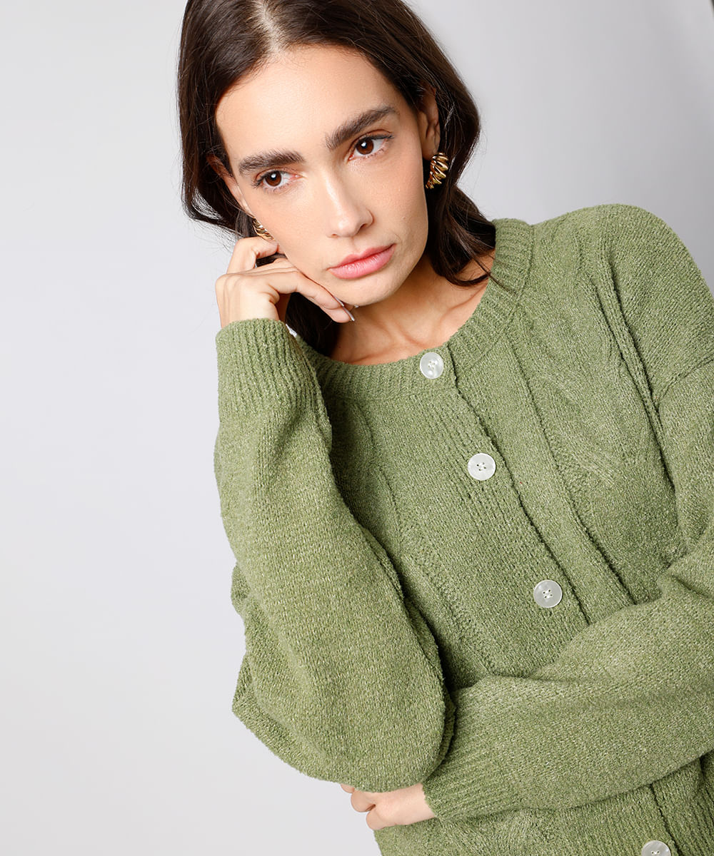 cardigan feminino de tricot texturizado mindset verde