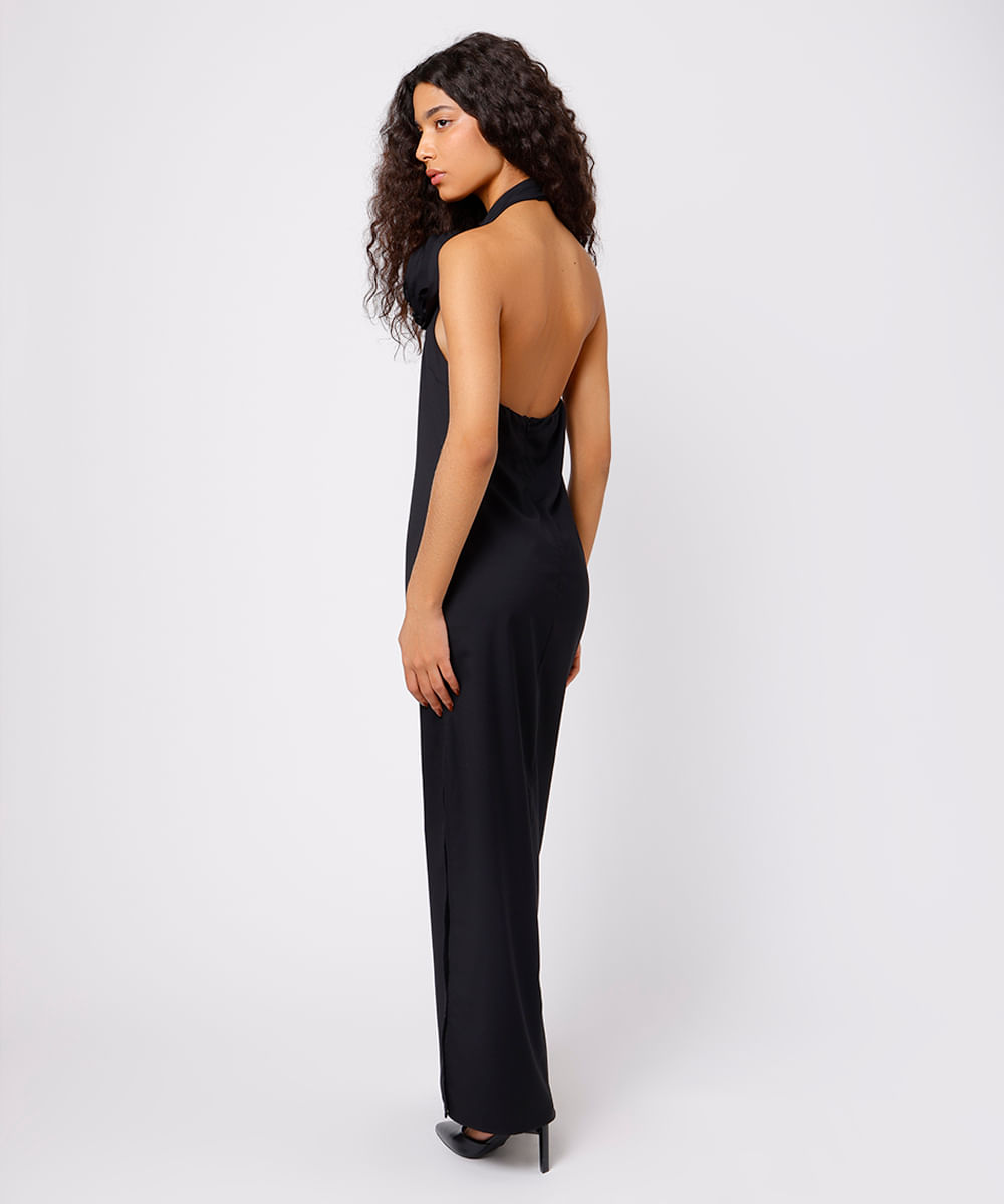 vestido halterneck feminino com flor e fenda mindset preto