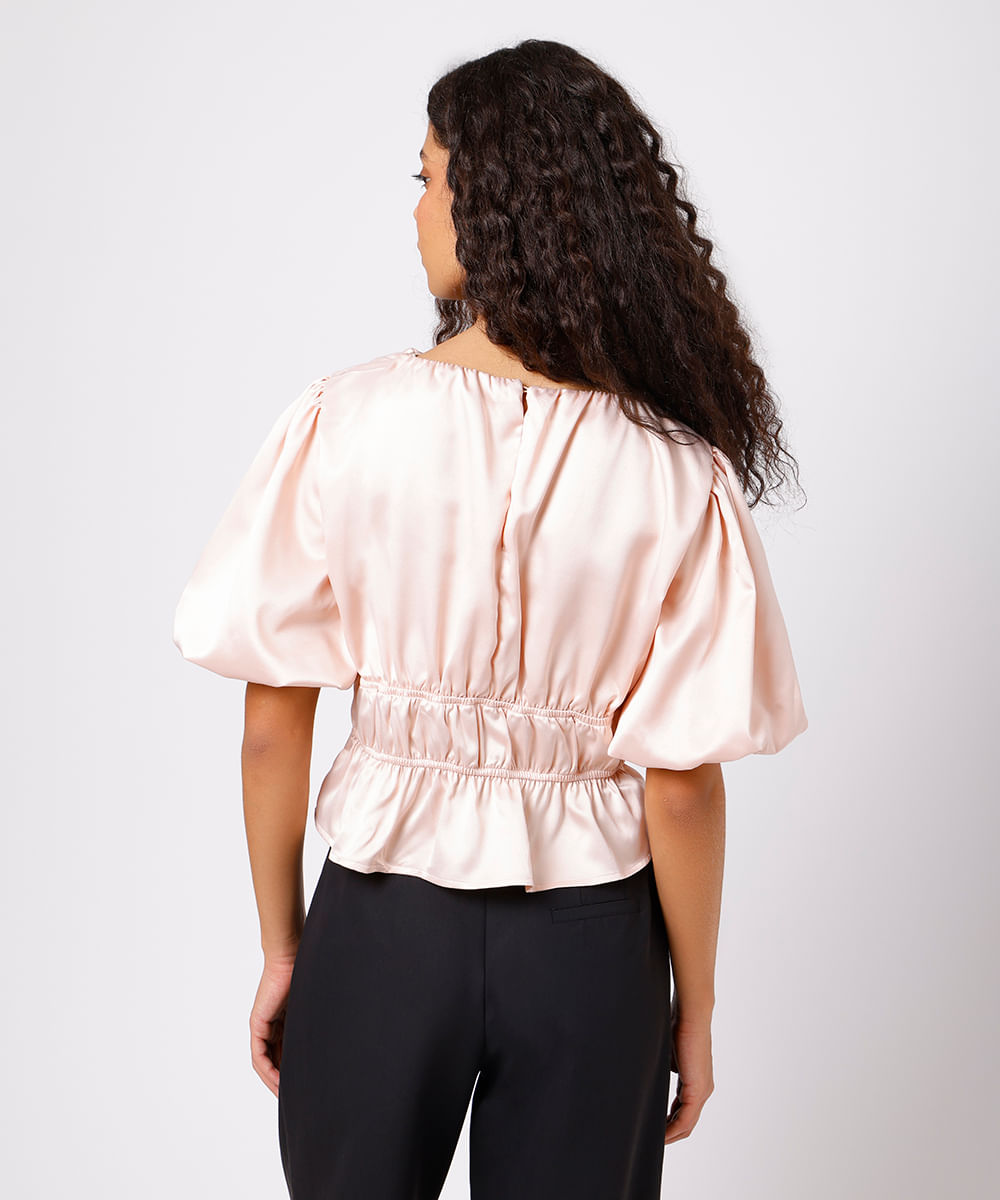 blusa feminina acetinada franzida manga bufante mindset rosa