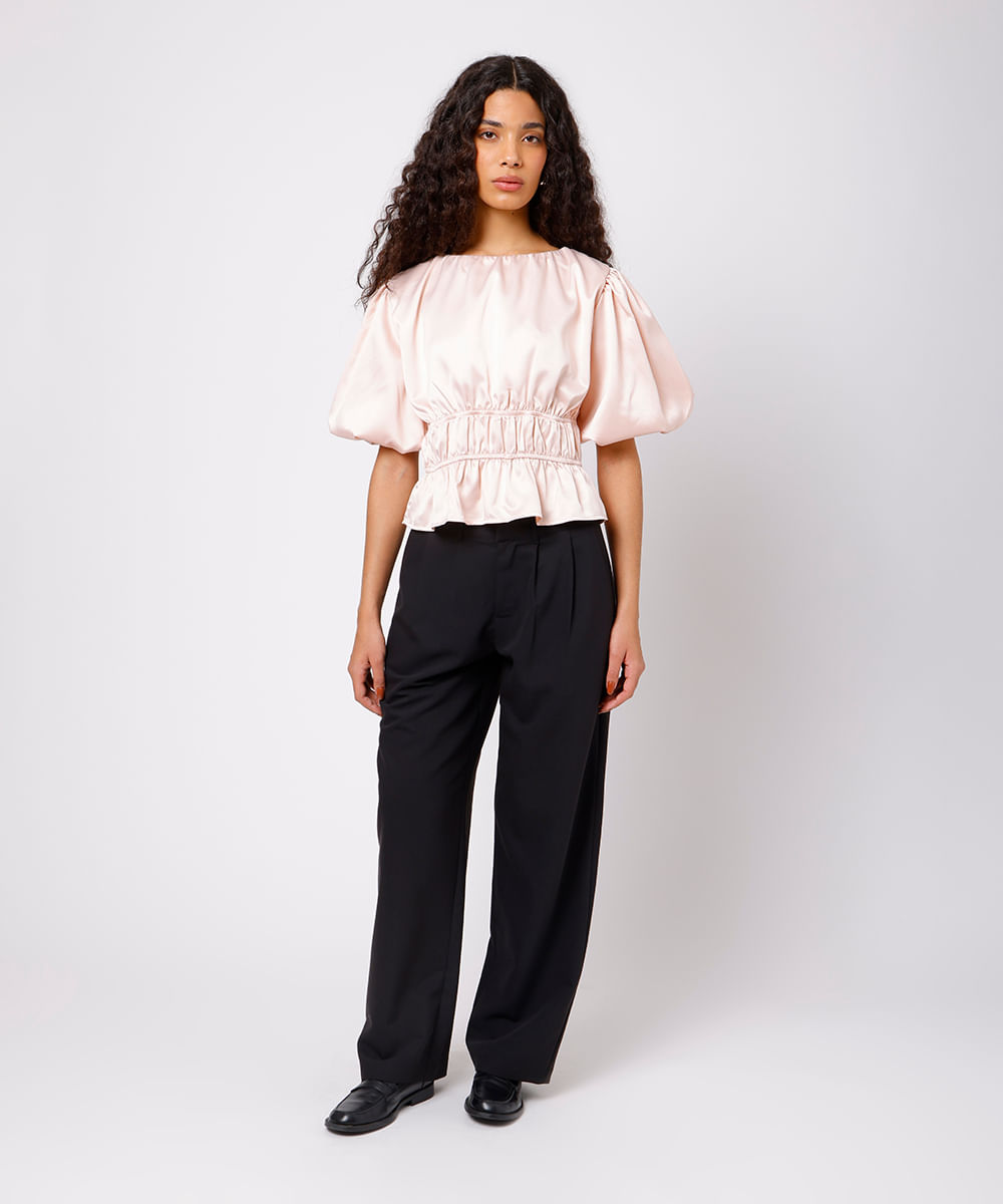blusa feminina acetinada franzida manga bufante mindset rosa