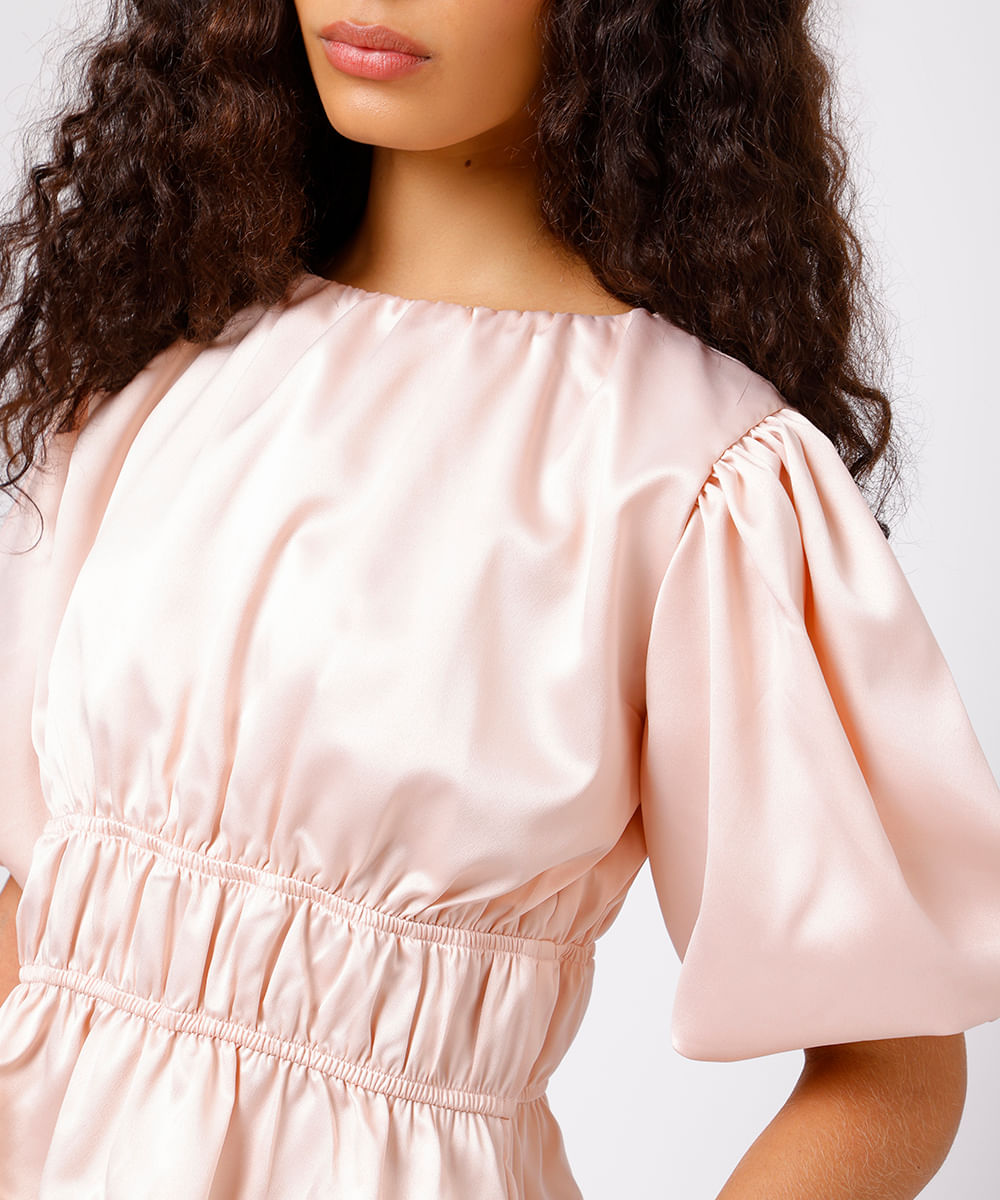 blusa feminina acetinada franzida manga bufante mindset rosa