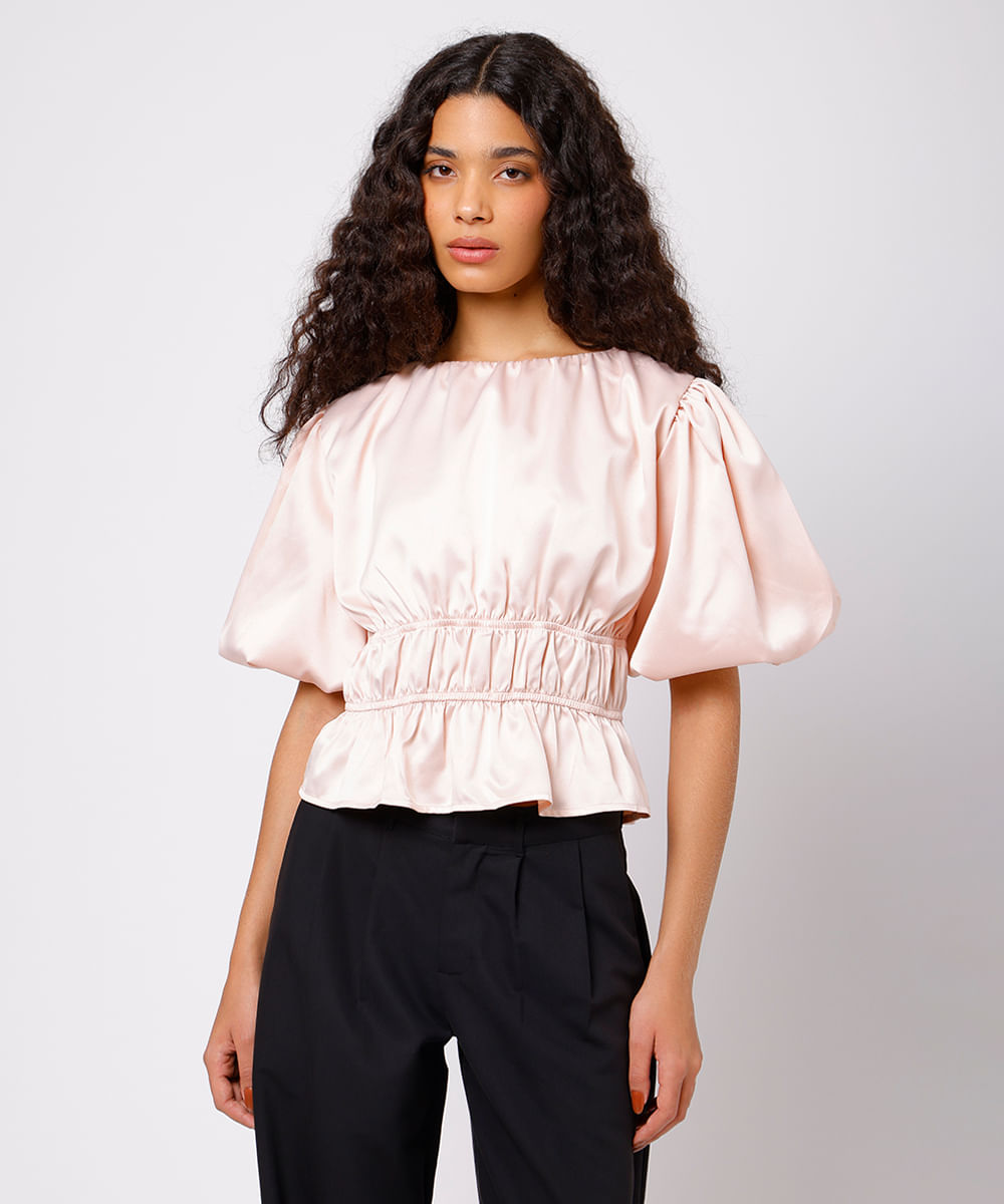 blusa feminina acetinada franzida manga bufante mindset rosa