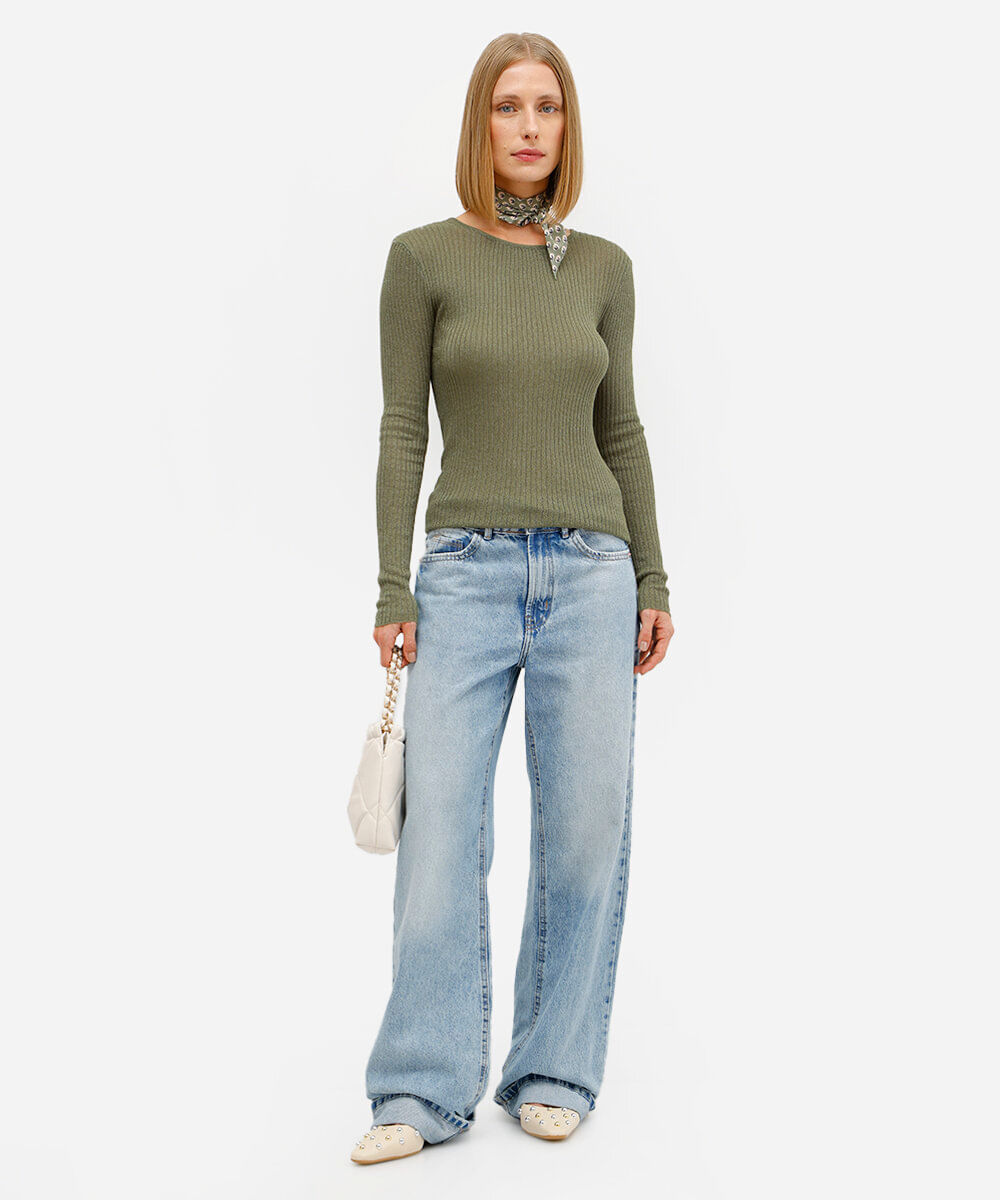suéter feminino de tricot com lurex canelado verde