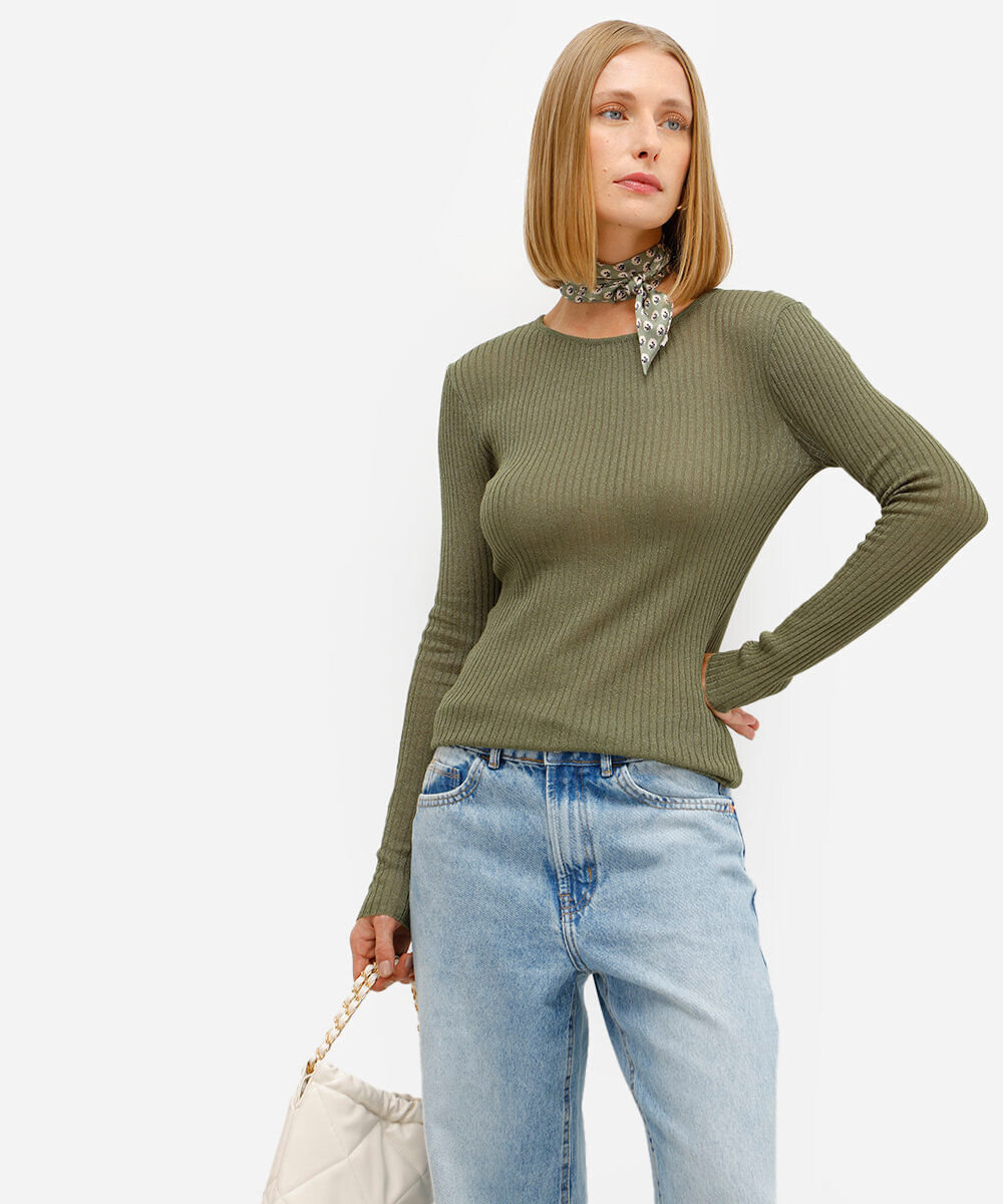 suéter feminino de tricot com lurex canelado verde