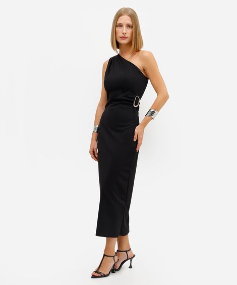 vestido midi ombro único feminino com franzido preto