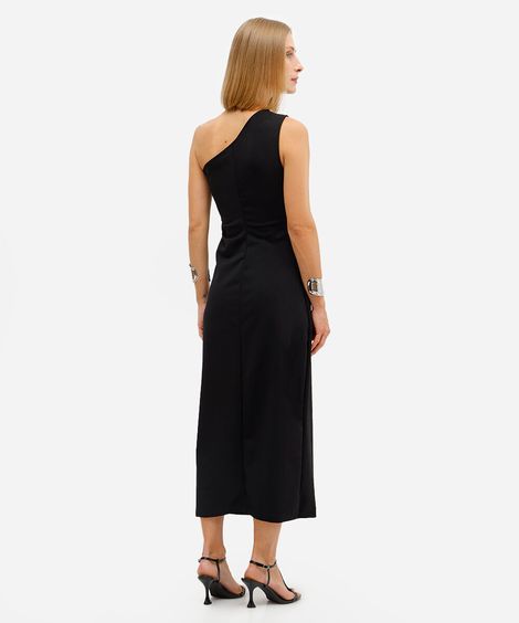 vestido midi ombro único feminino com franzido preto
