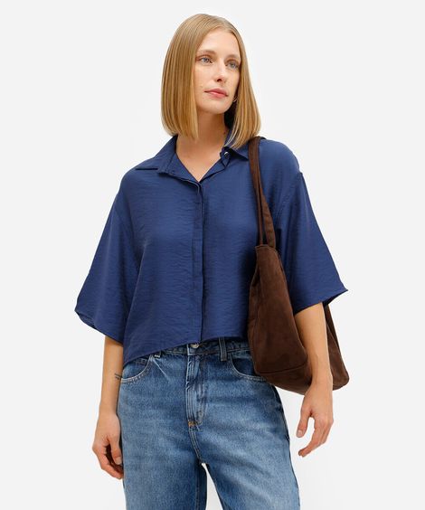 camisa feminina de viscose manga curta texturizada azul