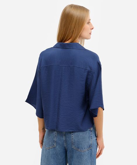 camisa feminina de viscose manga curta texturizada azul