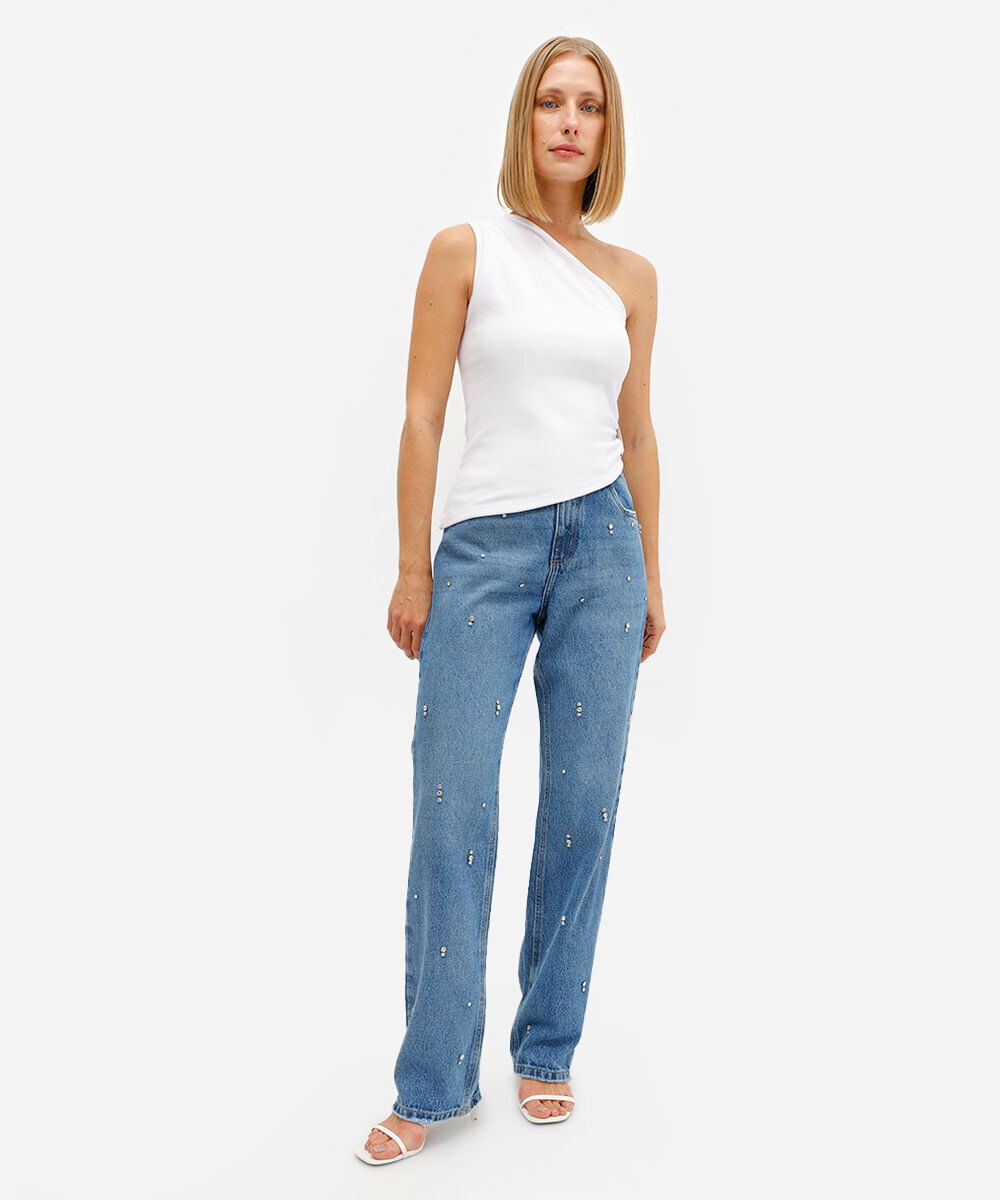 calça reta feminina jeans com brilhos azul