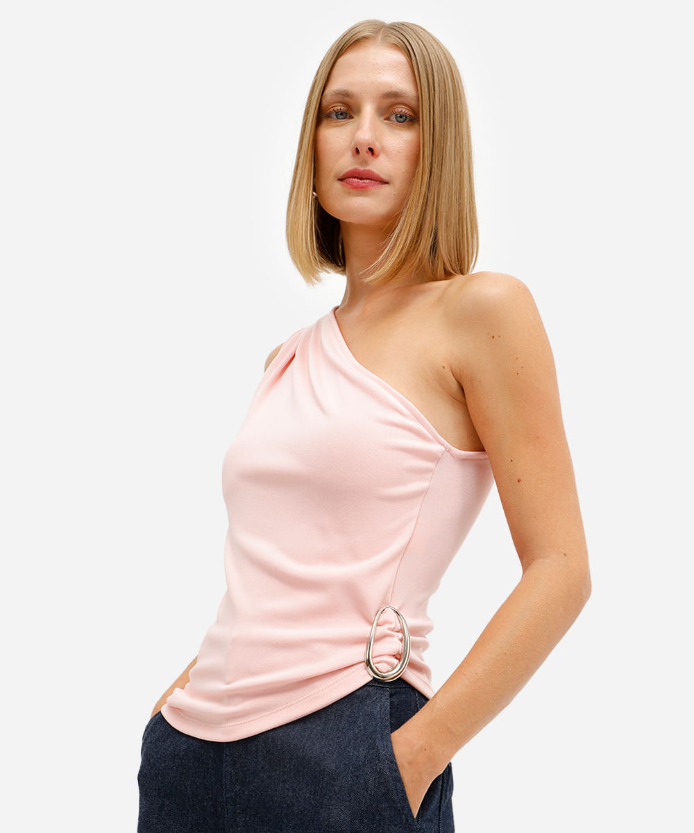 blusa ombro único feminina assimétrica rosa