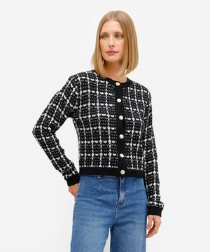 cardigan feminino de tricot tweed xadrez preto